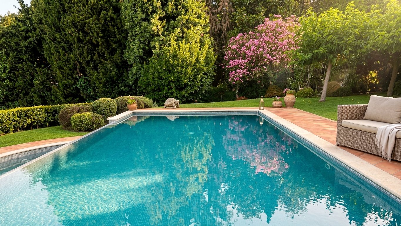 Jardin et piscine d'une propriété au soleil