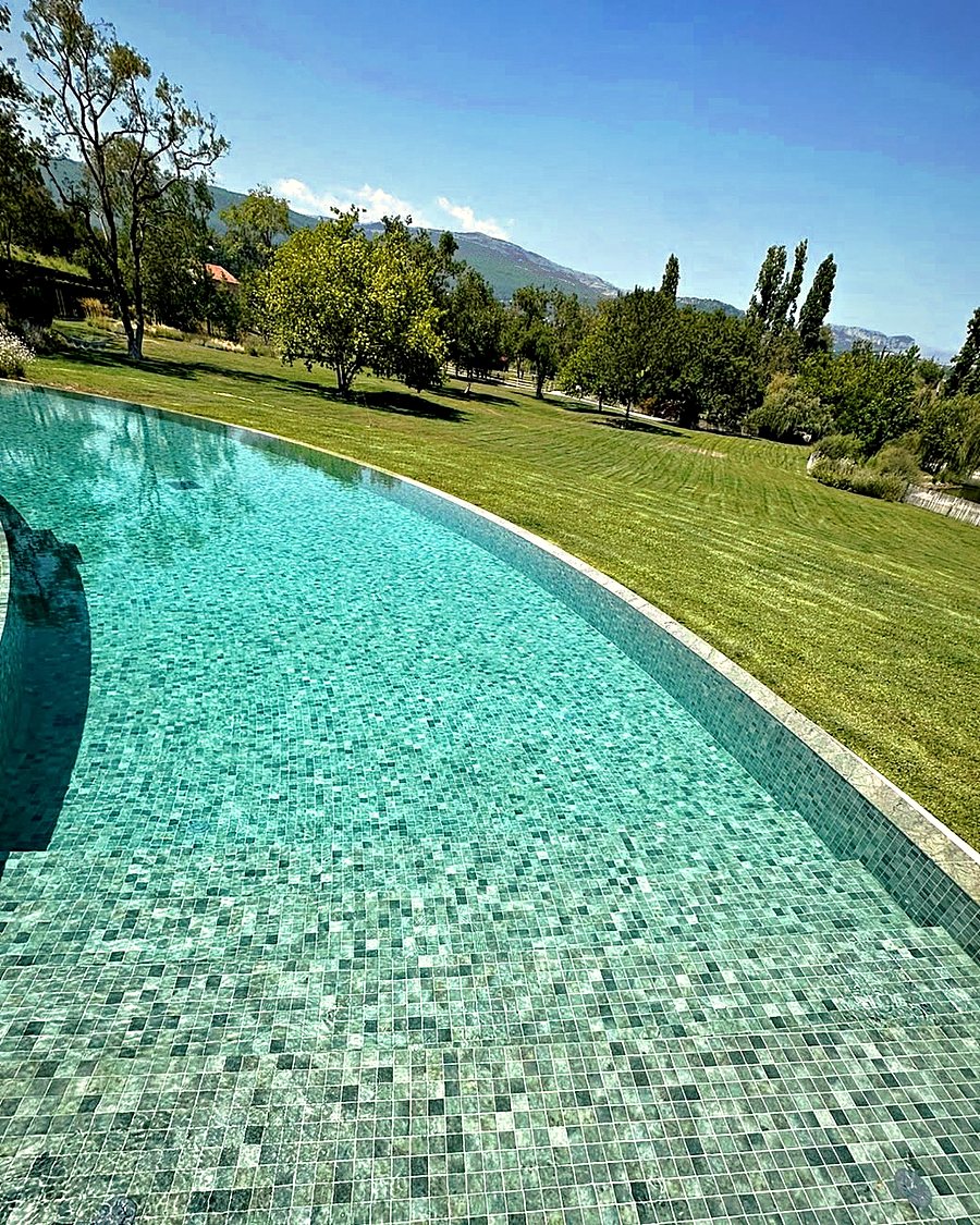 Piscine à débordement courbe en mosaïque dans un parc